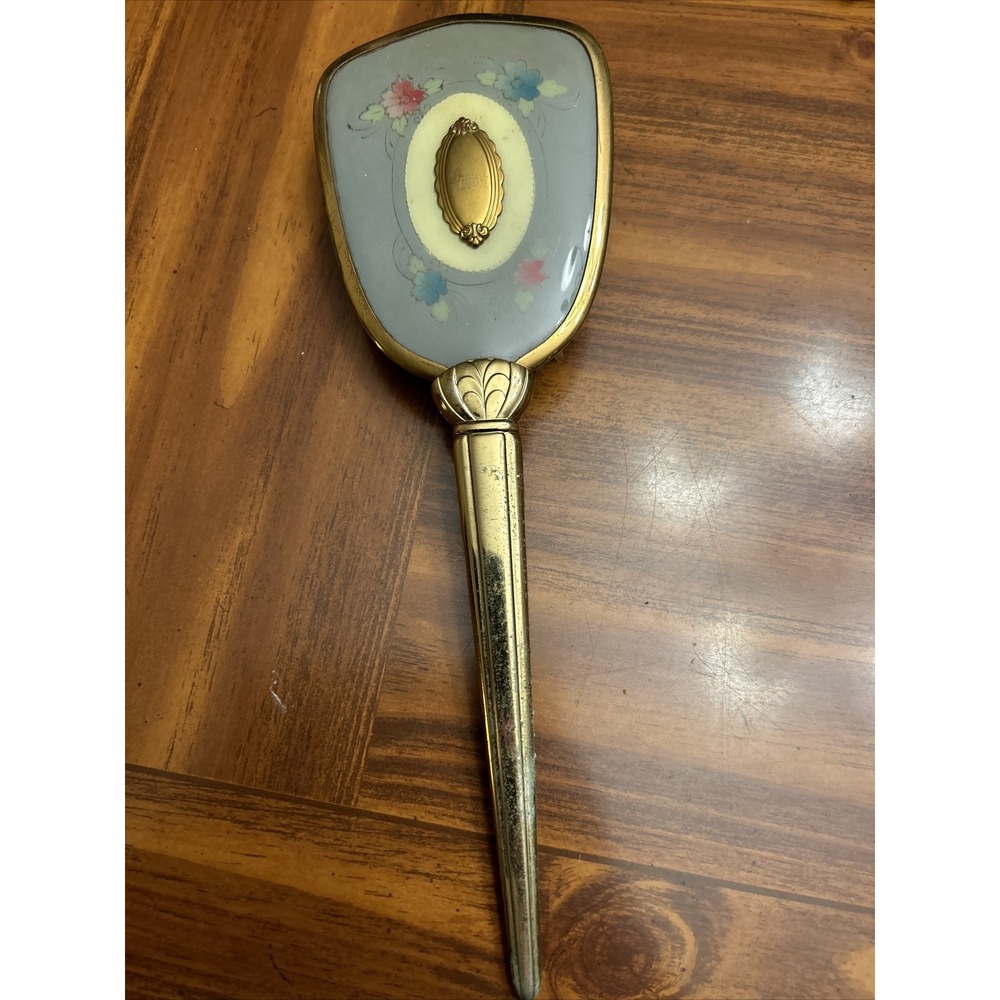 Gold Blue Flower Vanity Hair Brush Vintage‎
